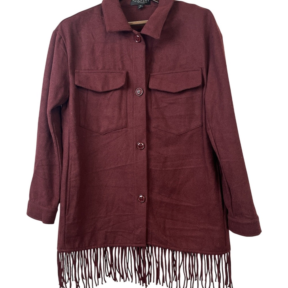 Laundry by Shelli Segal Fringe Shacket Women L Burgundy Boho Western Jacket